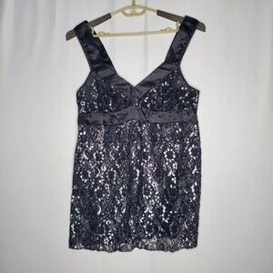 Vintage Sheer Lace Empire Tank Top Women Black Silver Metallic Whimsygoth Fairy